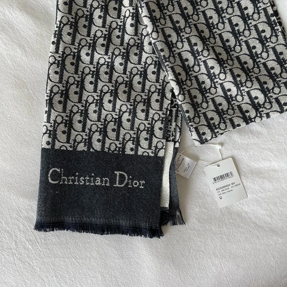 Christian Dior Oblique Bleu marine cashmere scarf NWT two-tone double sided